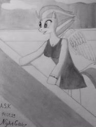 Size: 3000x4000 | Tagged: artist needed, safe, imported from derpibooru, night glider, anthro, unguligrade anthro, arm hooves, breasts, clothes, dress, female, grayscale, mare, monochrome, pencil drawing, sleeveless, sleeveless dress, smiling, solo, traditional art