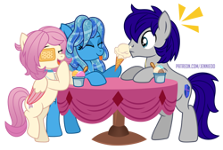 Size: 1000x675 | Tagged: safe, artist:jennieoo, imported from derpibooru, oc, oc only, oc:gentle star, oc:maverick, oc:ocean soul, earth pony, pegasus, pony, bipedal, cafe, cute, earth pony oc, eyepatch, female, food, friends, happy, ice cream, ice cream cone, laughing, male, mare, ocbetes, pegasus oc, shocked, simple background, smiling, stallion, table, tongue out, transparent background, trio, vector