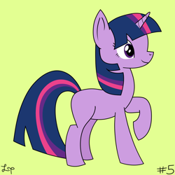 Size: 1800x1800 | Tagged: safe, artist:lucytwostickz, imported from derpibooru, twilight sparkle, pony, unicorn, blank flank, female, raised hoof, simple background, solo, unicorn twilight, yellow background