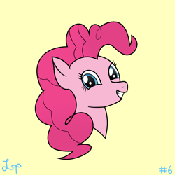 Size: 1600x1600 | Tagged: safe, artist:lucytwostickz, imported from derpibooru, pinkie pie, earth pony, pony, bust, female, simple background, solo, yellow background