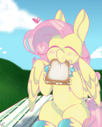 Size: 893x1112 | Tagged: safe, artist:pagophasia, derpibooru exclusive, imported from derpibooru, fluttershy, pegasus, pony, blushing, bread, cloud, colored hooves, cute, daaaaaaaaaaaw, daffodil and daisy sandwich, daytime, eating, eyes closed, female, floating heart, flower, food, grass, happy, heart, herbivore, hoof hold, impossibly long eyelashes, nom, picnic blanket, sandwich, shyabetes, sitting, smiling, solo, unshorn fetlocks, wings