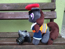 Size: 4000x3000 | Tagged: safe, imported from derpibooru, oc, oc:steel road, earth pony, pony, bench, camera, earth pony oc, irl, photo, plushie, safety vest, solo