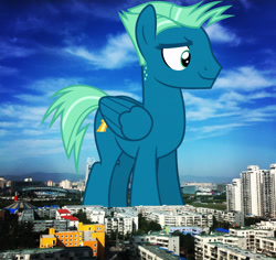 Size: 1518x1434 | Tagged: safe, artist:dashiesparkle, imported from derpibooru, sky stinger, pegasus, pony, beijing, china, folded wings, giant pegasus, giant pony, highrise ponies, irl, macro, male, mega giant, photo, ponies in real life, smiling, solo, stallion, wings