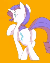 Size: 2000x2500 | Tagged: safe, artist:baigak, imported from derpibooru, rarity, pony, unicorn, blush sticker, blushing, butt, female, horn, looking at you, looking back, looking back at you, mare, orange background, plot, raised hoof, rearity, simple background, smiling, smiling at you, solo