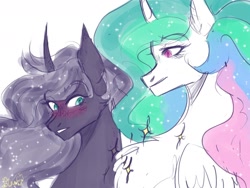 Size: 1280x960 | Tagged: safe, artist:kaifeather, imported from derpibooru, princess celestia, princess luna, alicorn, pony, blushing, chest fluff, chest fluff envy, duo, duo female, female, fluffy, girl staring at guy's chest, meme, ponified meme, royal sisters, siblings, simple background, sisters, white background