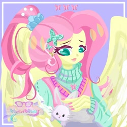 Size: 800x800 | Tagged: safe, alternate version, artist:windywendy29, imported from derpibooru, angel bunny, fluttershy, human, rabbit, alternate hairstyle, angel is a bunny bastard, animal, blushing, clothes, cute, female, humanized, nail polish, petting, pony coloring, shyabetes, solo, sweater, sweatershy, winged humanization, wings
