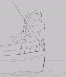 Size: 1644x1939 | Tagged: safe, artist:dtcx97, imported from derpibooru, oc, oc only, pegasus, pony, boat, eyes closed, grayscale, monochrome, pegasus oc, solo, spread wings, water, wings