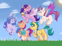 Size: 1440x1080 | Tagged: safe, alternate version, artist:flower-black, imported from derpibooru, hitch trailblazer, izzy moonbow, pipp petals, sunny starscout, zipp storm, earth pony, pegasus, pony, unicorn, cellphone, female, g5, male, mane five (g5), mane stripe sunny, mare, phone, royal sisters (g5), siblings, sisters, stallion