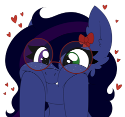 Size: 2630x2472 | Tagged: safe, artist:pegamutt, imported from derpibooru, oc, oc only, oc:shadow twinkle, bat pony, pony, bat pony oc, cheek squish, freckles, glasses, heart, heterochromia, hooves on cheeks, simple background, solo, squishy cheeks, transparent background