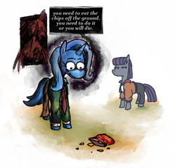 Size: 703x673 | Tagged: safe, artist:punkittdev, imported from derpibooru, maud pie, trixie, earth pony, unicorn, chips, disco elysium, doritos, female, food, horsecomix