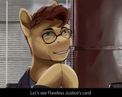 Size: 2681x2119 | Tagged: safe, artist:fly over, imported from derpibooru, oc, oc:golden morning, earth pony, equestria at war mod, american psycho, clothes, earth pony oc, glasses, let's see paul allen's card, meme, patrick bateman, room, smiling, suit