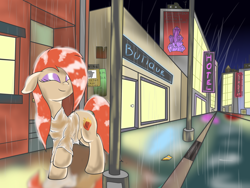 Size: 3000x2250 | Tagged: safe, artist:amateur-draw, imported from derpibooru, oc, oc only, oc:phosphor flame, earth pony, pony, city, clothes, earth pony oc, eyes closed, eyeshadow, female, high res, makeup, manehattan, mare, neon, poster, rain, raised hoof, scenery, shirt, smiling, solo, tail, wanted poster, wet, wet clothes, wet mane, wet shirt, wet tail