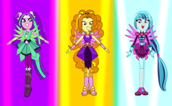Size: 1250x772 | Tagged: safe, artist:ajosterio, imported from derpibooru, adagio dazzle, aria blaze, sonata dusk, human, equestria girls, legend of everfree, boots, clothes swap, crystal guardian, crystal wings, female, high heel boots, ponied up, shoes, the dazzlings, trio, trio female, wings
