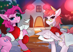 Size: 4677x3307 | Tagged: safe, artist:zpdea, imported from derpibooru, pinkie pie, oc, oc:芳棠, earth pony, pegasus, pony, bowtie, cheongsam, clothes, dress, duo, duo female, female, glasses, high res, lantern, letter, looking at you, mare, mascot, pegasus oc, snow, spread wings, wings, winter outfit