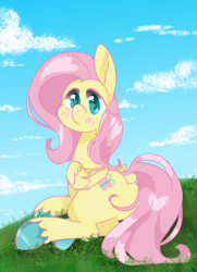 Size: 1000x1385 | Tagged: safe, artist:pagophasia, derpibooru exclusive, imported from derpibooru, fluttershy, pegasus, pony, blushing, butt, cloud, colored hooves, cute, cutie mark eyes, daytime, dock, eye reflection, female, flutterbutt, folded wings, frog (hoof), grass, hill, impossibly long eyelashes, looking at you, looking back, looking back at you, lying down, outdoors, plot, prone, reflection, shyabetes, solo, tail, underhoof, unshorn fetlocks, wingding eyes, wings