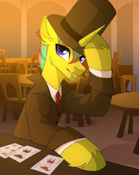 Size: 2388x3000 | Tagged: artist needed, safe, imported from derpibooru, oc, oc only, oc:baneblackraven, pony, unicorn, clothes, hat, high res, horn, male, no source available, playing card, solo, stallion, suit, table, top hat, unicorn oc