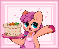 Size: 3032x2520 | Tagged: safe, artist:kittyrosie, imported from derpibooru, sunny starscout, earth pony, pony, spoiler:g5, spoiler:my little pony: tell your tale, spoiler:tyts01e35, apron, blushing, cake, carrot, carrot cake (food), clothes, cute, female, food, g5, happy, herbivore, high res, hoof hold, mare, my little pony: tell your tale, open mouth, panic on harvest & hugs day, smiling, solo, sunnybetes, unshorn fetlocks