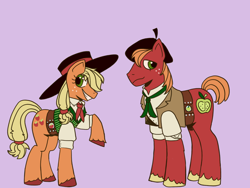 Size: 1600x1200 | Tagged: safe, artist:goldensuculents, imported from derpibooru, applejack, big macintosh, earth pony, pony, apple, beret, chile, clothed ponies, clothes, duo, gaucho, hat, headcanon, hooves, huaso, long mane, long tail, neckerchief, necktie, pink background, rastra y tirador, simple background, tail, waistcoat