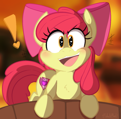 Size: 1111x1088 | Tagged: safe, artist:malachimoet, imported from derpibooru, apple bloom, earth pony, pony, blushing, bow, chest fluff, date, female, filly, foal, hair bow, heart, heart eyes, looking at you, open mouth, smiling, smiling at you, solo, wingding eyes