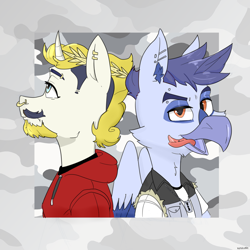 Size: 5000x5000 | Tagged: safe, artist:xasslash, imported from derpibooru, oc, oc:money burn, griffon, unicorn, abstract background, beard, clothes, duo, ear piercing, facial hair, griffon oc, horn, male, nose piercing, piercing, septum piercing, tongue out, tongue piercing, unicorn oc, wreath