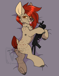 Size: 1000x1300 | Tagged: safe, artist:vashtwiist, imported from derpibooru, oc, oc:frieda, deer, body pillow, butt freckles, deer oc, female, freckles, gun, long mane, looking at you, non-pony oc, obtrusive watermark, pp-bizon, shoulder freckles, solo, tongue out, watermark, weapon