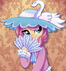 Size: 1752x1878 | Tagged: safe, artist:fluffywhirlpool, imported from derpibooru, swan song, earth pony, pony, background pony, blue eyes, bust, clothes, commission, cute, dress, fan, female, hand fan, hat, hoof hold, looking away, mare, shy, smiling, solo