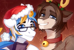 Size: 2200x1500 | Tagged: safe, artist:fenwaru, imported from derpibooru, oc, oc only, oc:alan techard, pegasus, pony, bell, bell collar, chest fluff, christmas, collar, glasses, hat, holiday, male, pegasus oc, santa hat, stallion