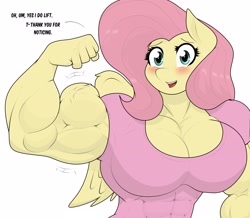 Size: 3444x3010 | Tagged: safe, artist:matchstickman, imported from derpibooru, fluttershy, anthro, pegasus, abs, biceps, blushing, blushing profusely, breasts, busty fluttershy, clothes, dialogue, female, flexing, looking at you, mare, muscles, muscleshy, muscular female, pecs, shirt, shy, simple background, solo, talking to viewer, triceps, white background