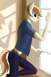 Size: 2000x3000 | Tagged: safe, artist:dash wang, imported from derpibooru, oc, oc only, oc:cream brun, anthro, unicorn, clothes, coffee, hand, male, shoes, solo, window
