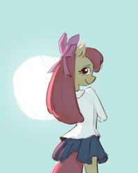 Size: 678x852 | Tagged: safe, artist:haku nichiya, imported from derpibooru, apple bloom, anthro, earth pony, adorabloom, apple bloom's bow, bow, clothes, cute, female, hair bow, looking at you, looking back, looking back at you, pleated skirt, school uniform, skirt, smiling, solo