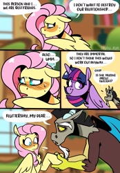 Size: 1423x2048 | Tagged: safe, artist:lrusu, imported from derpibooru, discord, fluttershy, twilight sparkle, alicorn, draconequus, pegasus, pony, comic:fluttercord (irusu), ..., blushing, clueless, comic, dialogue, discoshy, eyebrows, eyebrows visible through hair, female, male, shipping, shy, smiling, speech bubble, straight, surprised, sweat, trio, twilight sparkle (alicorn), wide eyes