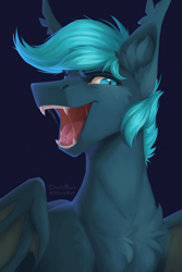 Size: 2362x3543 | Tagged: safe, artist:dorkmark, imported from derpibooru, oc, oc only, oc:guttatus, bat pony, pony, bat pony oc, blue background, bust, chest fluff, drool, ear fluff, fangs, male, mawshot, open mouth, portrait, sharp teeth, signature, simple background, solo, stallion, sternocleidomastoid, teeth