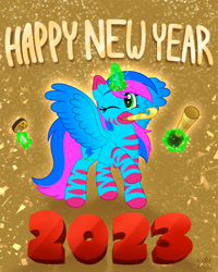 Size: 1638x2048 | Tagged: safe, artist:horse-time-babey, imported from derpibooru, oc, oc only, alicorn, pony, 2023, alicorn oc, happy new year, holiday, horn, party horn, solo, wings