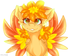 Size: 1914x1514 | Tagged: safe, artist:yuris, imported from derpibooru, oc, oc only, pegasus, pony, bust, cute, ears back, female, freckles, green eyes, pegasus oc, ponified, portrait, simple background, smiling, solo, spread wings, white background, wings