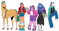 Size: 4502x2410 | Tagged: safe, artist:daisy_marshmallow, imported from derpibooru, hitch trailblazer, izzy moonbow, pipp petals, sunny starscout, zipp storm, horse, human, equestria girls, clothes, converse, equestria girls-ified, female, g5, g5 to equestria girls, generation leap, hoers, humanized, male, one of these things is not like the others, open-toed shoes, sandals, selfie, shoes, simple background, stallion, toes, toy interpretation, white background