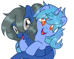 Size: 2484x1981 | Tagged: artist needed, safe, imported from derpibooru, oc, oc only, pegasus, unicorn, duo, eye clipping through hair, horn, looking at you, open mouth, open smile, pegasus oc, simple background, smiling, smiling at you, transparent background, unicorn oc