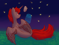 Size: 1530x1154 | Tagged: safe, artist:bread stoat, imported from derpibooru, oc, oc:hardy, alicorn, firefly (insect), insect, pony, alicorn oc, grass, horn, jar, male, male alicorn, male alicorn oc, night, rear view, solo, spread wings, stallion, wings