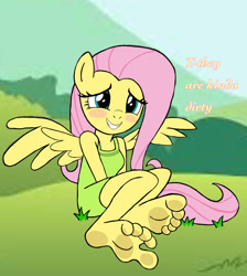 Size: 1170x1304 | Tagged: safe, artist:darienspeyer, artist:zeekthatgeek, imported from derpibooru, fluttershy, anthro, pegasus, plantigrade anthro, barefoot, blush sticker, blushing, breasts, dirt, dirty, dirty feet, eyes closed, feet, fetish, foot fetish, foot focus, grin, happy, nervous, nervous grin, smiling, soles, spread wings, tail, toes, wings