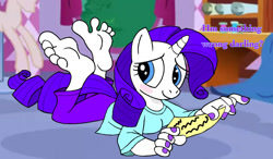 Size: 1168x684 | Tagged: safe, artist:darienspeyer, artist:zeekthatgeek, imported from derpibooru, rarity, anthro, plantigrade anthro, unicorn, barefoot, blushing, breasts, feet, fetish, foot fetish, foot focus, lying down, nail polish, prone, soles, toes