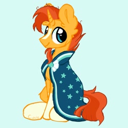 Size: 2024x2023 | Tagged: safe, artist:cupute, imported from derpibooru, sunburst, pony, unicorn, blue background, cloak, clothes, cyan background, glasses off, missing accessory, simple background, sitting, smiling, solo, sunburst's cloak