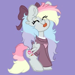 Size: 1791x1791 | Tagged: safe, artist:cupute, imported from derpibooru, oc, oc only, oc:blazey sketch, pegasus, pony, :p, bow, clothes, hair bow, multicolored hair, purple background, simple background, small wings, solo, sweater, tongue out, wings