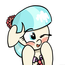 Size: 2048x2048 | Tagged: safe, artist:super-dead, imported from derpibooru, coco pommel, earth pony, pony, blushing, cocobetes, cute, female, hooves on cheeks, one eye closed, simple background, solo, white background