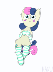 Size: 830x1130 | Tagged: safe, artist:kanw, imported from derpibooru, bon bon, sweetie drops, earth pony, pony, bed, blushing, clothes, featureless crotch, lying down, smiling, socks, solo, solo focus, striped socks