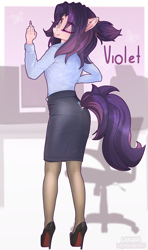 Size: 2600x4400 | Tagged: safe, artist:lakunae, imported from derpibooru, oc, oc only, oc:violet, anthro, anthro oc, clothes, female, fuck you, high heels, looking at you, looking back, makeup, mare, middle finger, office, office lady, pantyhose, pencil skirt, shirt, shoes, skirt, smiling, tube skirt, vulgar