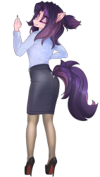 Size: 2500x4400 | Tagged: safe, alternate version, artist:lakunae, imported from derpibooru, oc, oc only, oc:violet, anthro, anthro oc, clothes, female, fuck you, high heels, looking at you, looking back, makeup, mare, office lady, pantyhose, pencil skirt, shirt, shoes, simple background, skirt, smiling, transparent background, tube skirt