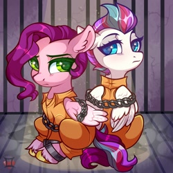 Size: 2000x2000 | Tagged: safe, artist:lemondoods, imported from derpibooru, pipp petals, zipp storm, pegasus, pony, adorapipp, adorazipp, bound wings, clothes, cute, duo, female, g5, high res, jail, jumpsuit, mare, never doubt rainbowdash69's involvement, prison, prison outfit, royal sisters (g5), siblings, sisters, wings