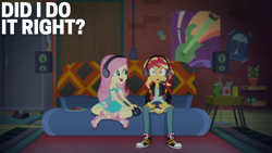 Size: 1920x1080 | Tagged: safe, edit, edited screencap, editor:quoterific, imported from derpibooru, screencap, fluttershy, sunset shimmer, human, equestria girls, game stream, spoiler:eqg series (season 2), controller, converse, couch, duo, duo female, female, gamer sunset, headphones, headset mic, looking at someone, open mouth, open smile, pinpoint eyes, shocked, shocked expression, shoes, smiling
