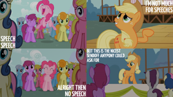 Size: 2000x1125 | Tagged: safe, edit, edited screencap, editor:quoterific, imported from derpibooru, screencap, applejack, berry punch, berryshine, bon bon, carrot top, cherry berry, daisy, flower wishes, golden harvest, linky, pinkie pie, shoeshine, sweetie drops, written script, earth pony, pony, the last roundup, applejack's hat, background pony, background pony audience, cowboy hat, excited, eyes closed, female, freckles, frown, grin, hat, head tilt, jumping, male, mare, open mouth, open smile, smiling, stallion