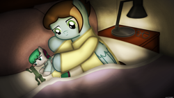 Size: 1920x1080 | Tagged: safe, artist:99999999000, imported from derpibooru, oc, oc only, oc:chen lifan, oc:li anna, lizard, pegasus, bed, clothes, desk lamp, female, filly, foal, glasses, lying down, mother, mother and child, mother and daughter, on bed, pegasus oc