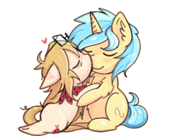 Size: 2338x1791 | Tagged: safe, artist:coco-drillo, imported from derpibooru, oc, oc only, oc:cocodrillo, oc:dex, earth pony, pony, unicorn, chest fluff, chibi, clothes, codex, couple, cute, ear fluff, earth pony oc, eyes closed, floppy ears, glasses, heart, horn, kissing, leaning forward, lying down, messy mane, nose kiss, oc x oc, scarf, shipping, simple background, sitting, unicorn oc, white background
